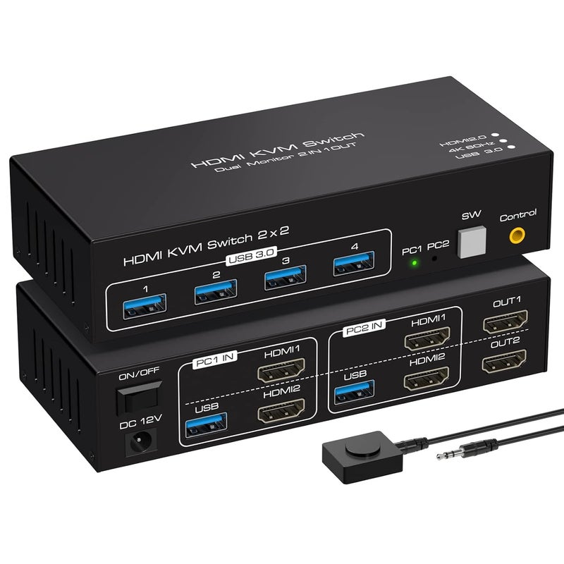 ATLAHET Dual Monitor KVM Switch HDMI Two Port 4K 60Hz KVM Switcher for 2 Computers 2 Monitors with 4 USB 3.0 Ports Support Copy and Extended Display and Desktop Control Including USB 3.0 Cable - Image 1